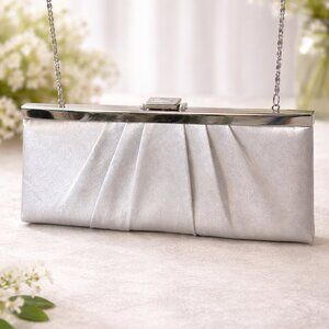 Gunne Sax Silver Satin Evening Clutch w/ Chain Strap | Formal Prom Wedding